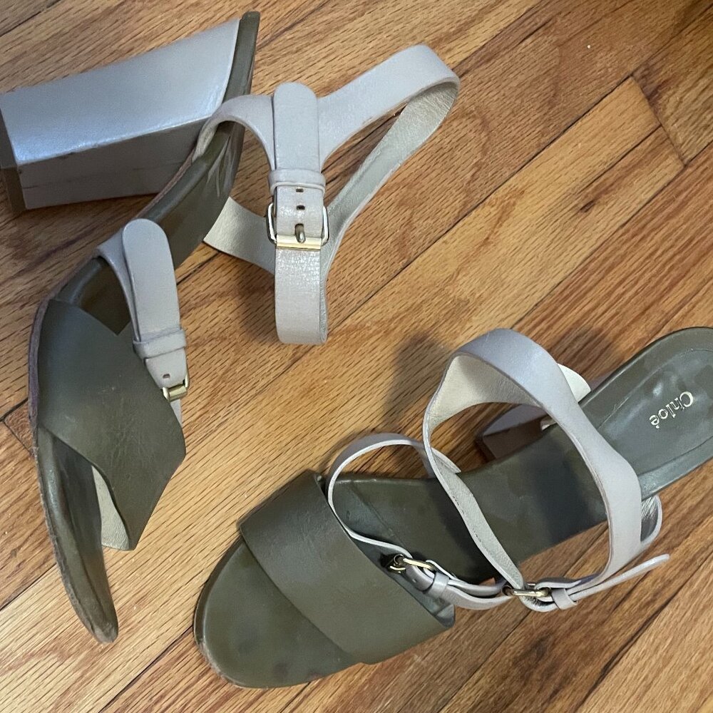 Chloe beige/olive leather sandals, size 41 1/2 (US 10-11)